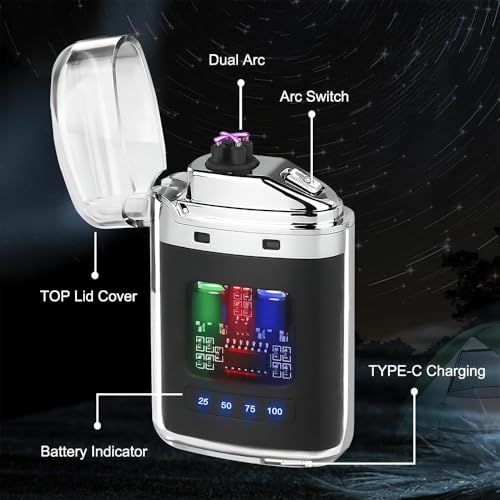 Image of Rechargeable Electric Arc Lighter USB Type-C - Dual Plasma Flameless Lighters for Cigarette, Windproof Smart Lighter for Men, Camping, Outdoor & Travel.(Black)