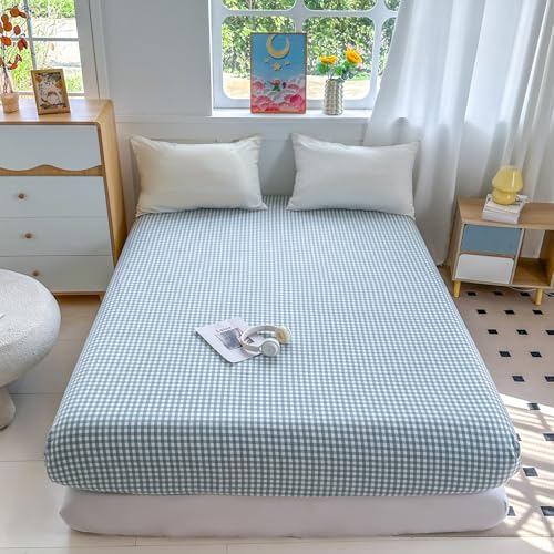 Image of Mucalis Light Blue Gingham Fitted Sheet Queen Only Deep Pocket 16 Inch 100% Washed Cotton White Plaid Checkered Bottom Sheet,Soft,Breathable,Easy Care