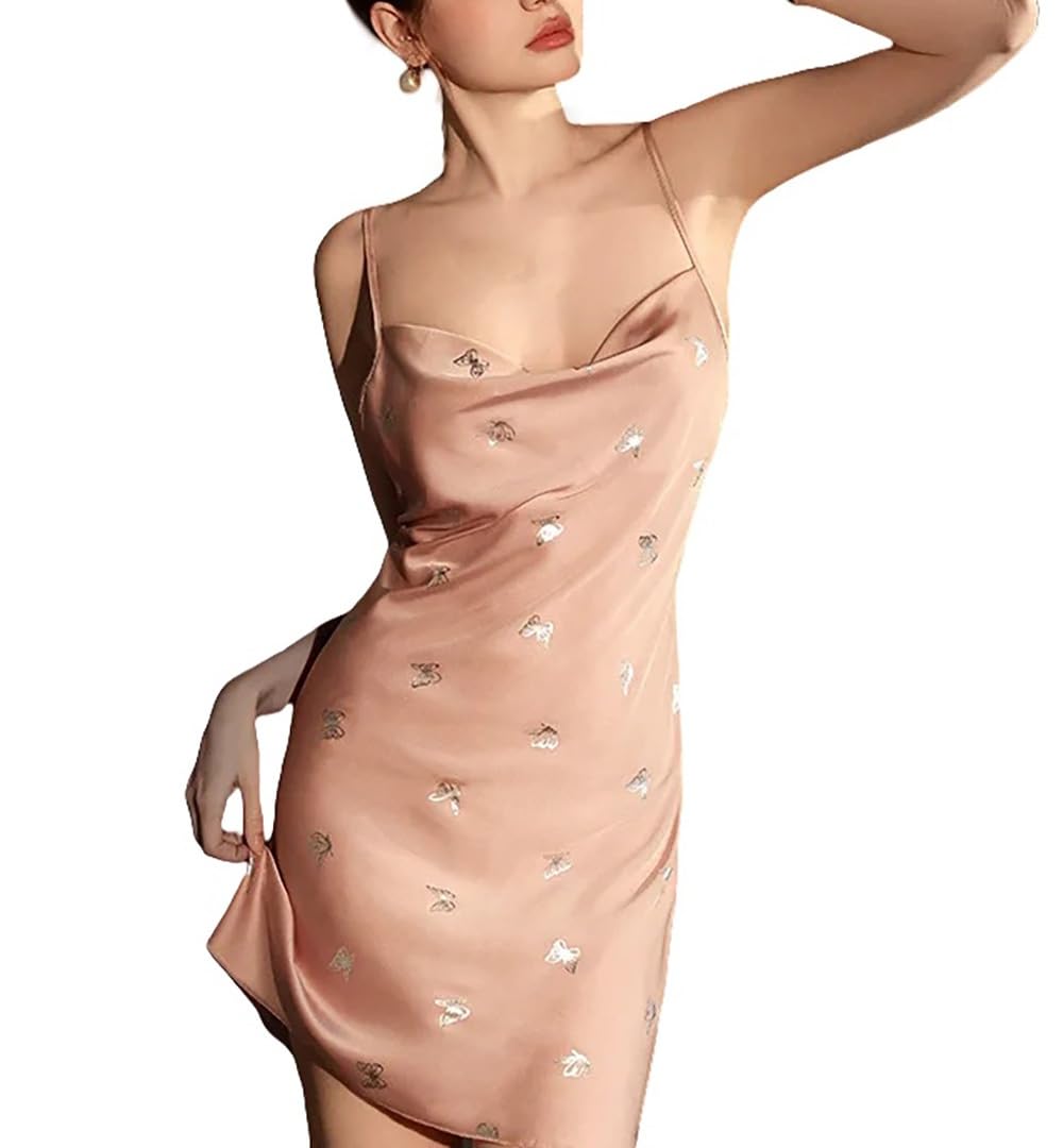 Camisón de Satén con Tirantes Ajustables y Diseño de Mariposa para Mujer, Lencería Sexy, Babydoll Sin Espalda, Ropa de Dormir Corta de Seda Helada para Verano.