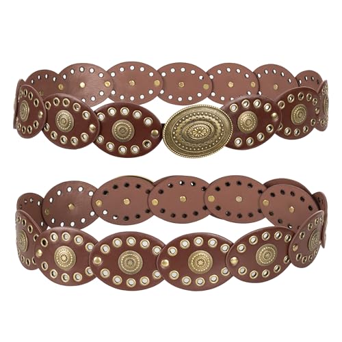 Wide Disc Belt for Women - PU Leather Hollow Out Round Belts Vintage Western Cowboy Cowgirl Waist Belt4