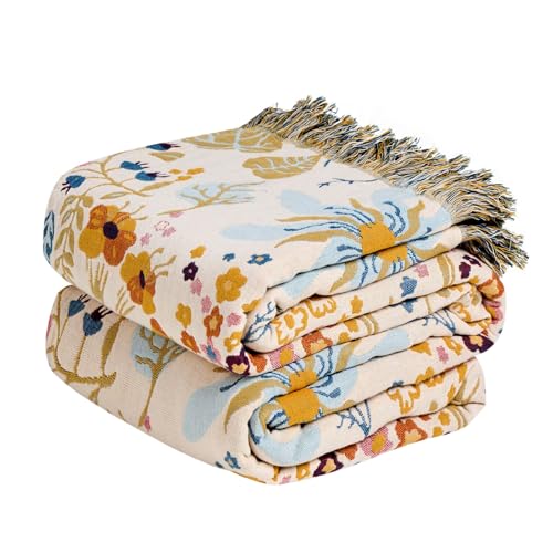 Image of MSGKV Boho Throw Blanket 50 inchx60 inch 100% Cotton Floral Blanket Couch Decor