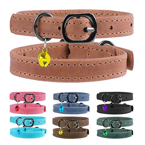 Murom Katzenhalsband aus Leder mit Glöckchen, verstellbar, für kleine Haustiere, Kätzchen, Schwarz, Braun, Rosa, Blau (Braun) Cover