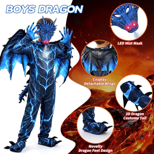 Kids Dragon Costume, Boys Dragon Halloween Costume with Mask, Wings & Tail - image 4