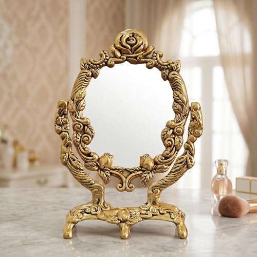 Image of KridayKraft Vintage Gold Rose Tabletop Makeup Mirror, Decorative Vanity Mirror with Ornate Floral Frame, 12-Inch Standing Mirror for Bedroom or Dressing Table