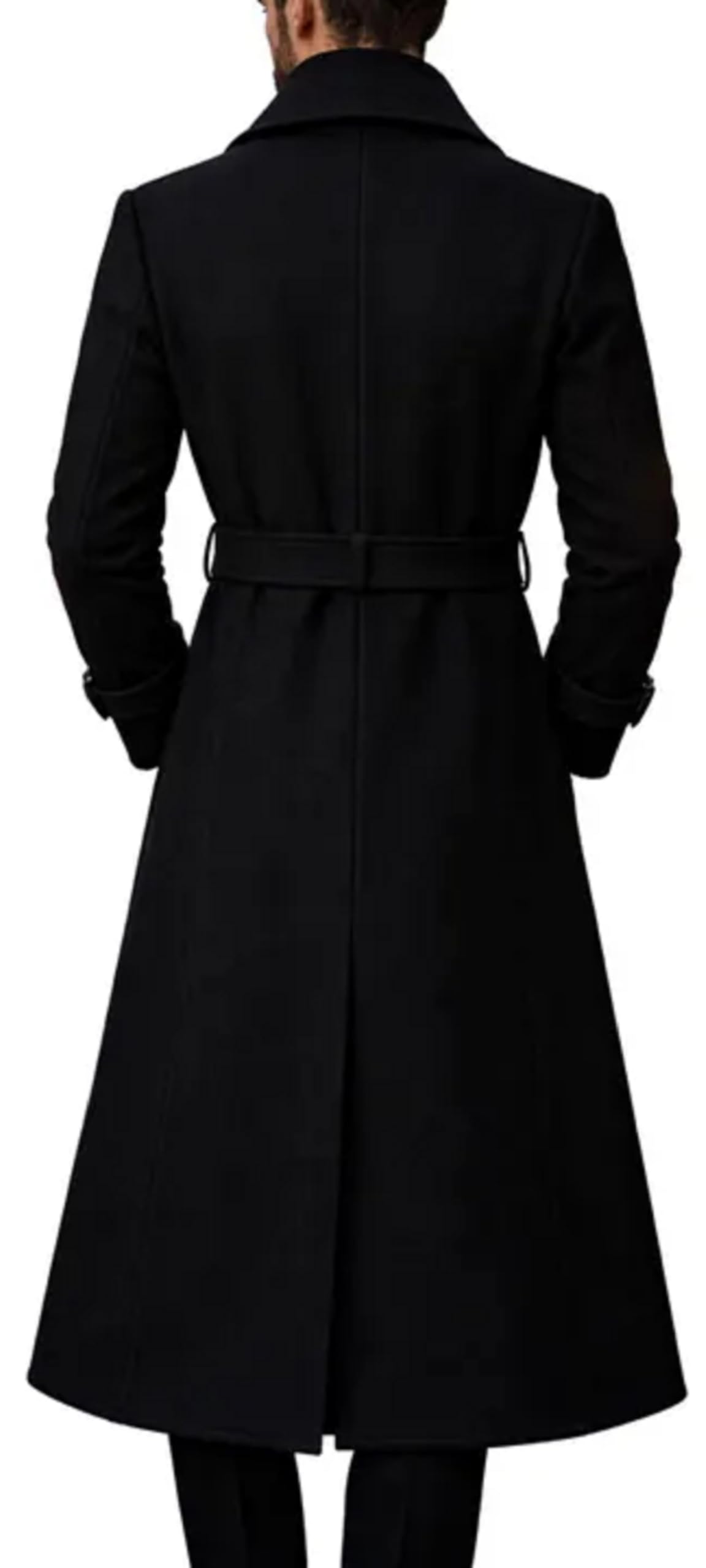 Cappotto da uomo slim fit doppiopetto Trench lunghezza intera in misto lana nera soprabito
