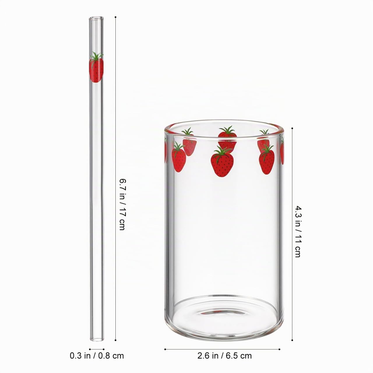 Set Di 2 Bicchieri Di Trasparente Con Motivi Di Fragola E Cannucce 300Ml Ideale Per Bevande a Casa E Ufficio