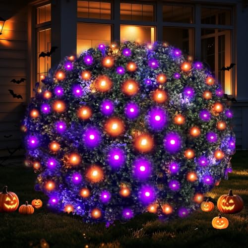 YGTCHNG LED Halloween Net Lights Outdoor, UL Certified, 144LED 6ftx6ft, Black Wire Connectable Waterproof Mesh Light for Party, Yard, Shrubs and Bushes Decorations (Orange and Purple) - image 1