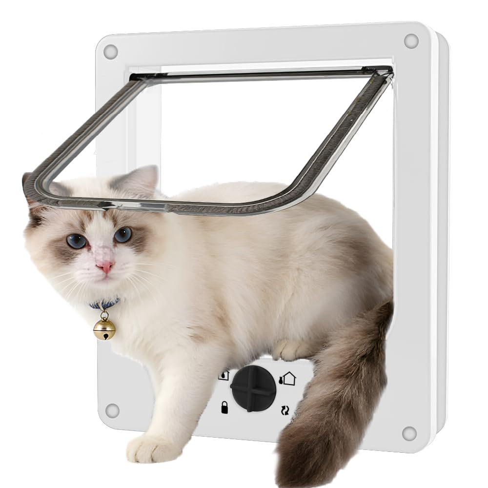 Large Cat Flap, 18cm x 19.5cm Cat Flap with Magnets, 4 Way Locking Pet Flaps, Easy to Fit, Silent In & Out, Pet Door for Cats and Small Dogs, Large Cat Flaps for Wall UPVC Wooden Door (White,L)
