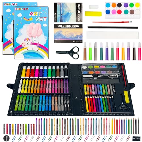 KINSPORY 108 piezas Maletin Pinturas para Niños – Lote de 2, Juegos de Dibujo, Pinturas para Niños, Acuarelas Niños, Lapices de Dibujo, Caballete Pintura (Azul)