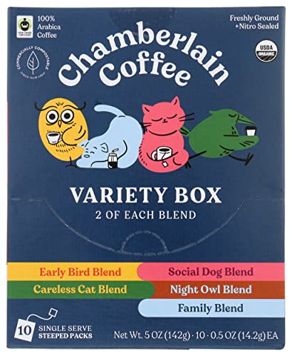 Chamberlain Coffee Organic Steeped Variety Box Single Serve Coffee, 10 Pack, Caffeinated, 0.5 Ounce (Pack of 12)