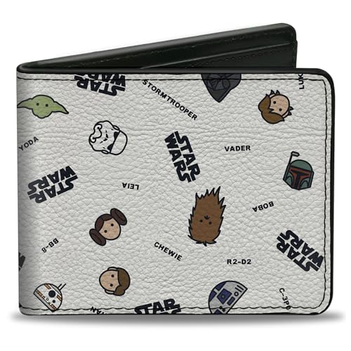 Buckle-Down Men's Star Wars Wallet, Bifold, Character Faces and Names Scattered White Black, Vegan Leather, 4.0