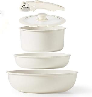 Conjunto de Panelas Antiaderentes com Cabo Removível. Vai do Fogão ao Forno. Empilhável, Compacto, com Tampa de Vidro e Revestimento Premium. Tecnologia e Beleza (Branco Fosco, 5 itens)