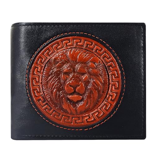 Men's RFID Blocking Leather Wallet- Bifold Wallet - Premium Napa Leather - 7 Card Slots ID Window Coin Pocket 2 Cash Compartments (Lion, Black)