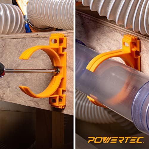 Image of POWERTEC 70342 Open Style Hangers for 2-1 /2 inch Dust Collection Pipe and Hose with Multi Mounting Options, 4.5lb Holding Capacity - 5 PK Orange