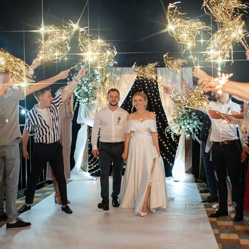 Simgoing 48 Pcs Lighted Wedding Fairy Wands LED Foil Tinsel Wedding Sticks LED Light Up Stick Glow in The Dark Flashing Wands Sparklers for Birthday Party Favors(Gold) - Thumbnail 6