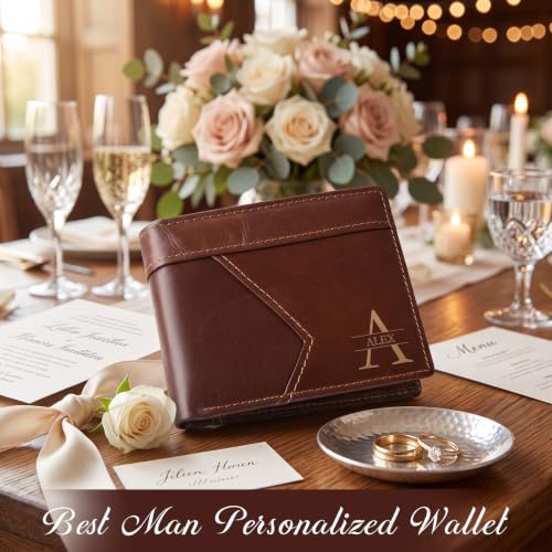 Image of Personalized Leather Wallet for Men, Engraved Wallet for Groomsmen Gifts, Best Man Gift, RFID Blocking Bifold Thin Wallet, Wedding Party & Birthday Gift for Dad Husband (Vintage Brown)