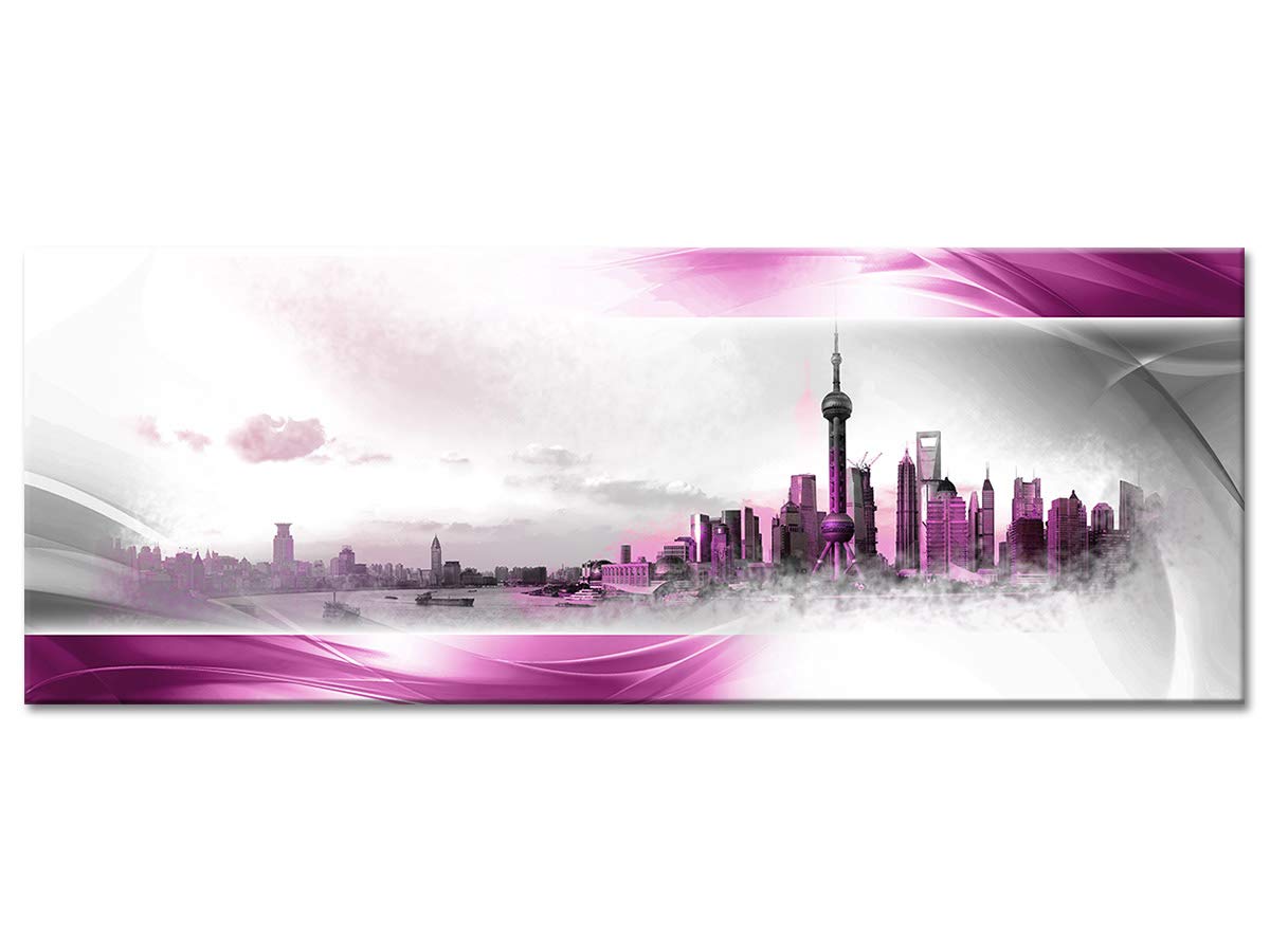 Declina, Quadro decorativo da parete per soggiorno moderno, quadro decorativo da parete, tela panorama di Shanghai rosso 100 x 35 cm, CANVAS, Violet, 100x35 cm
