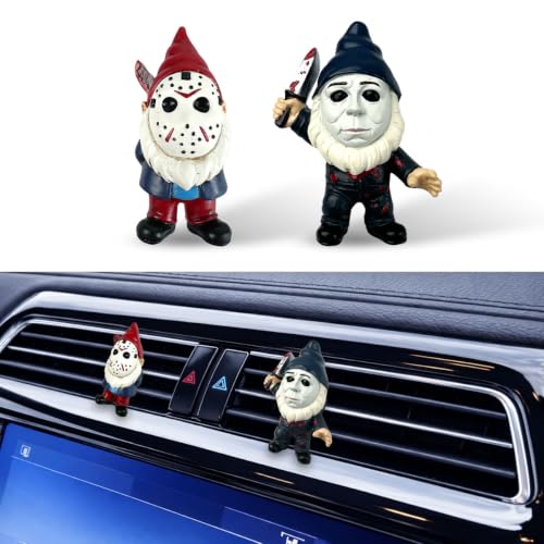 Image of GENANY 3D Resin 2Pcs Spooky Gnome Car Air Freshener Vent Clip, Hand Painted Masked Garden Gnome Designs, Gothic Automotive Freshener, Funny Horror Car Accessories Gift