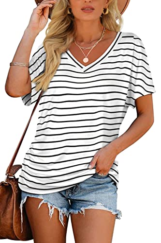 Image of WIHOLL Womens Summer T-Shirts Short Sleeve V Neck Dolman Tops with Side Shirring Loose Fit Shirts Spring Fashion