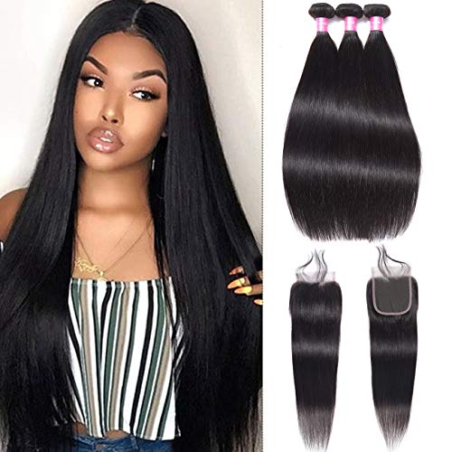 Brazilian Straight Hair Bundles with Closure 24" 26" 28"+20" 8A Grade 3 Bundles Virgin Human Hair Bundles with Free Part Lace Closure 100% Unprocessed Hair Extensions Natural Color