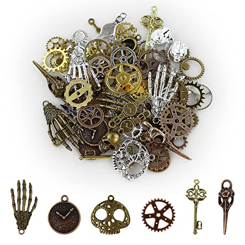 90 piezas surtidas de engranajes Steampunk, dijes de esqueleto vintage, colgante mezclado para collar, pulsera, accesorio de fabricación de joyas (colores mixtos de bronce y plata)