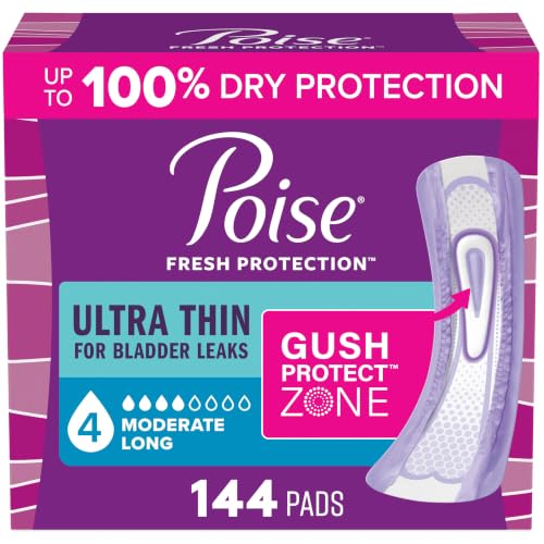 Image of Poise Ultra Thin Incontinence Pads for Women, 4 Drop, Long, 144 ct