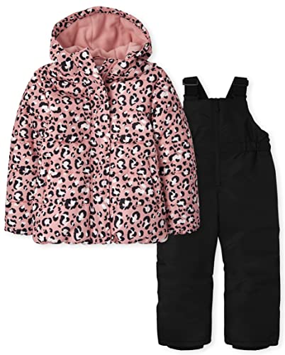 The Children's Place girls Girls Long Sleeve Leopard 3 in 1 Jacket and Sleeveless Solid Snow Overalls 2-piece Snow Set 2-pack