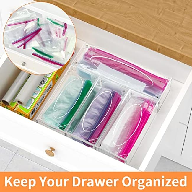 FEMELI Food Bag Storage Organizer, Acrylic Kitchen Drawer Baggie Box, Compatible with Gallon, Slider Quart, Freezer, Sandwich, Snack, Variety Size Bags, 4 separate Pack(Clear)
