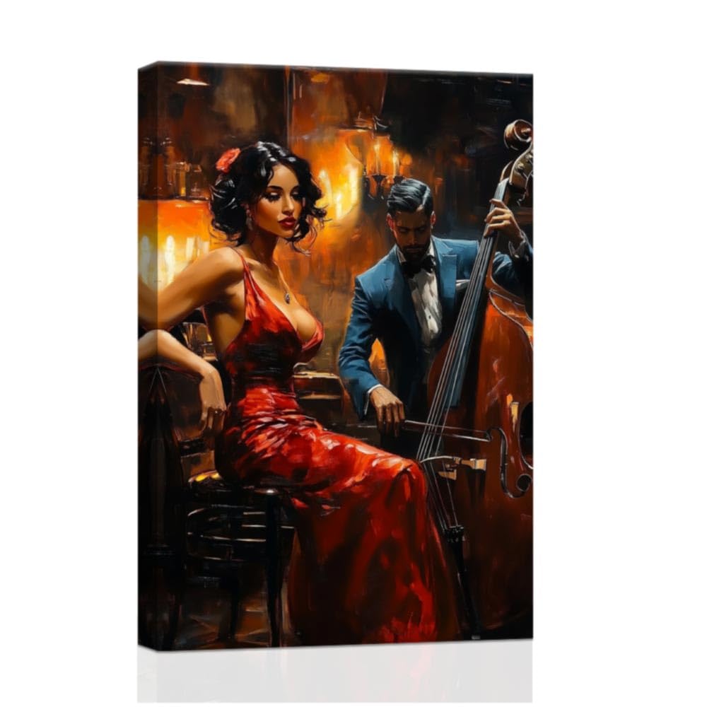 ZXHYWYM African Americans Canvas Wall Art Abstract Jazz Painting Black Music Art Wall Decor Black Men and Women Picture Musical Instrument Artwork Prints Framed (Red, (70.00 x 105.00 cms))
