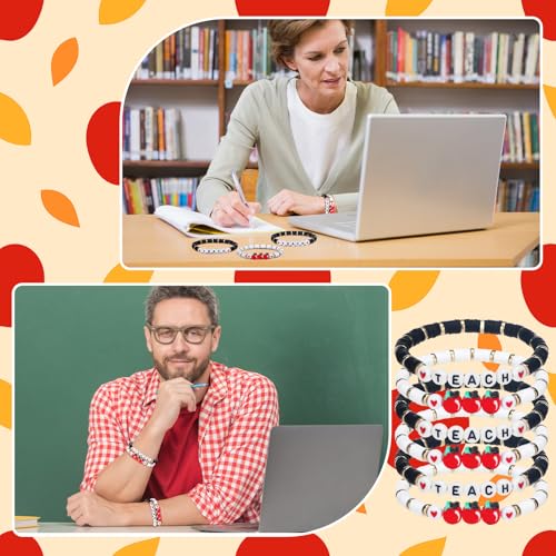 Image of Tondiamo Back to School Gift Bulk for Teacher Apple Pencils Bracelets Graduation Party Favor End of Year Gift Clay Beaded Bracelets for Teachers Thank You Gifts