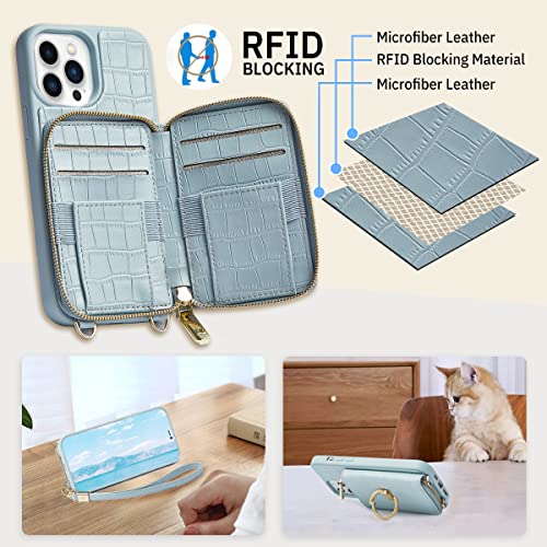 Custype Iphone 12 Pro Max Wallet Case - Women's Crossbody Zipper, Card Holder, Leather Protective Purse With Wrist Strap & Ring, Blue #TOP4