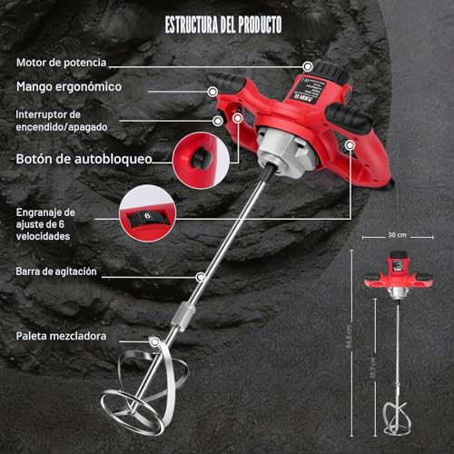 Miniatura 6 de Anbull Mezclador De Pintura Y Mortero 2100w, 6 Velocidades,Mezcladora De Mortero,Hormigoneras, Velocidad Variable De 6 Tipo Para Mezclar Pienso, Yeso, Cemento