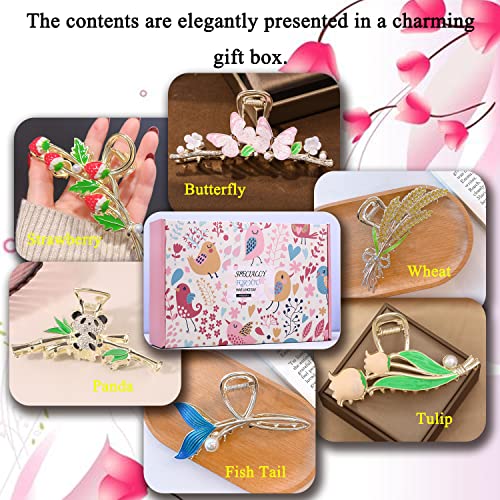 Wodico 6 Pcs Cute Flower Claw Clip For Hair - Made Of Golden Metal Perfect For Thin Or Thick Hair, Include Wheat, Tulip, Strawberry, Fish Tail, Panda, Butterfly & Flower Hair Clips For Women & Girls. #TOP3