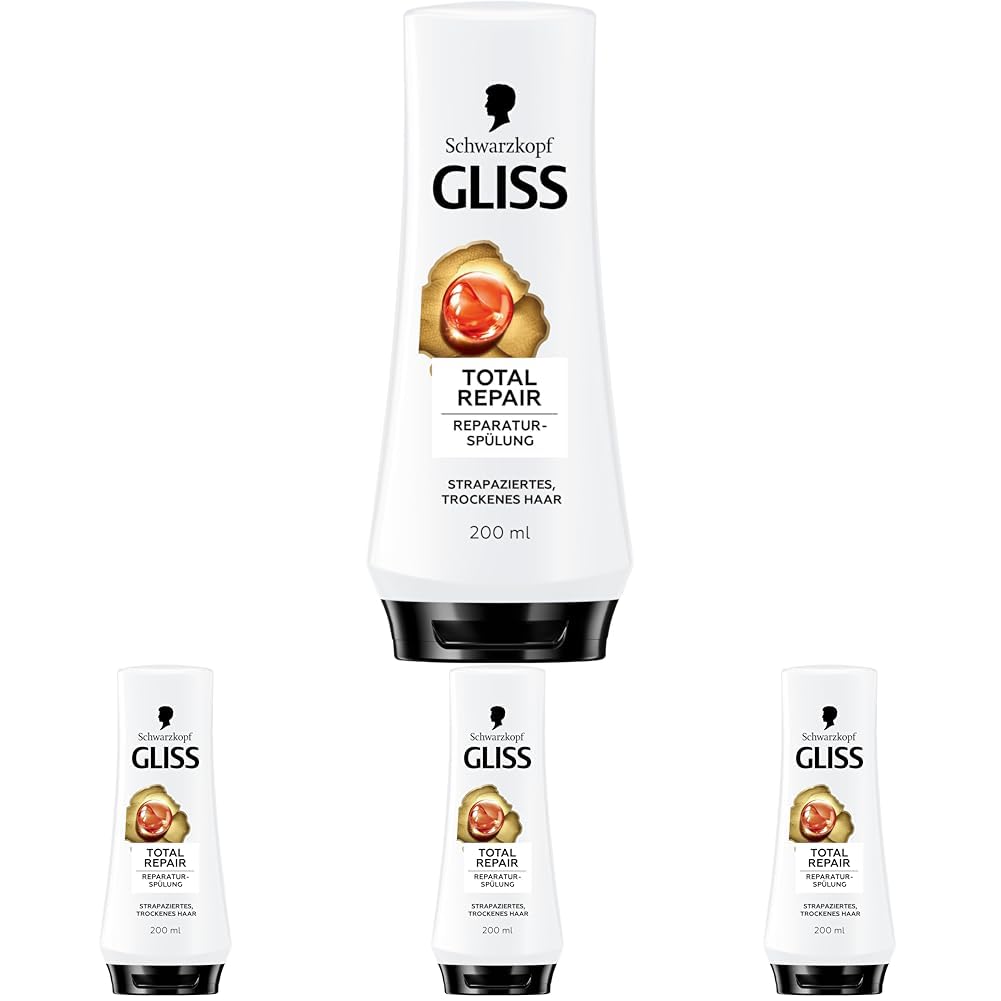 Gliss Spülung Total Repair (200 ml), Haarspülung repariert trockenes, strapaziertes Haar, Pflegespülung für bis zu 90% weniger Haarbruch (Packung mit 4)