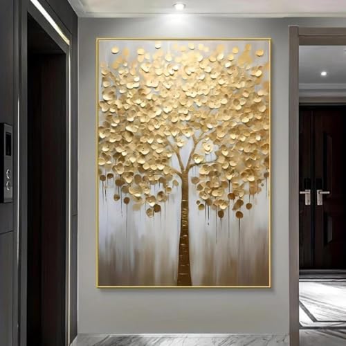 Tableau abstrait d'arbre feuilles dorées toile décoration salon moderne affiche murale 60x90
