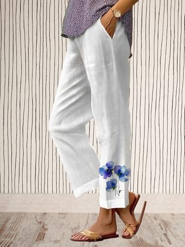 Women's Boho Floral Print Straight Leg Pants High Waist Elastic Baggy Trousers Summer Vacation Beach Pants with Packet4