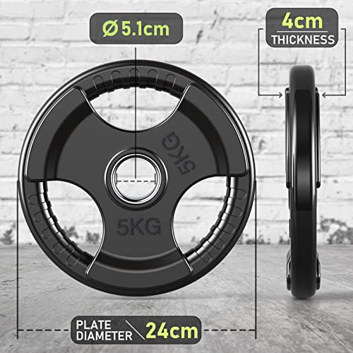 PhysKcal Olympic Weight Plates Set of 2 x 5kg with Rubber Finish 2’’ Opening and Tri-Grips, Black Barbell Plates Discs in Pair or Single for Lifting and Strength Training - Image 2