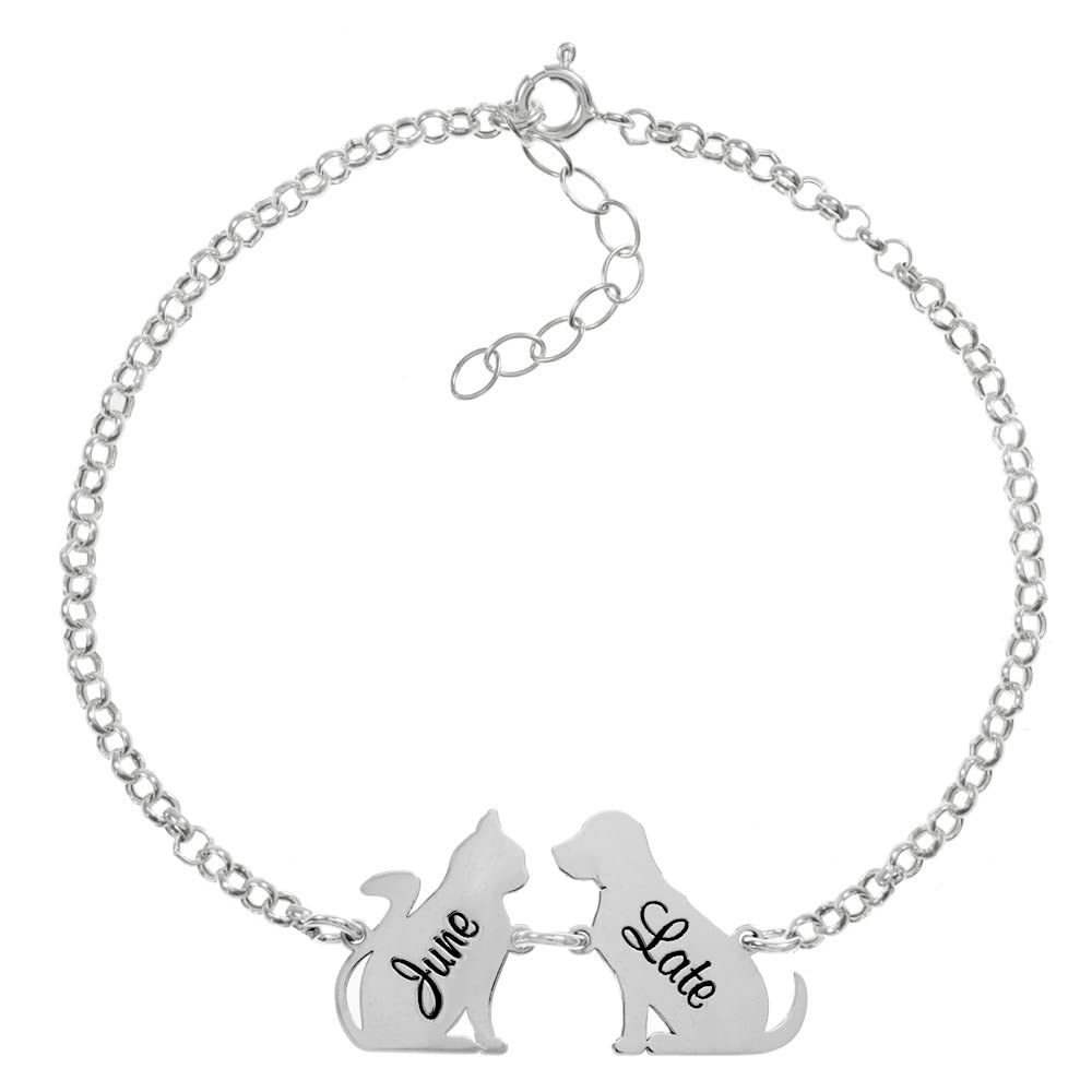 Pulsera gato y perro con nombres de mascota personalizados de Plata 925 - Pulsera personalizable Plata 925 con dos nombres de mascota - Pulsera dos nombres de mascota grabados Plata de Ley