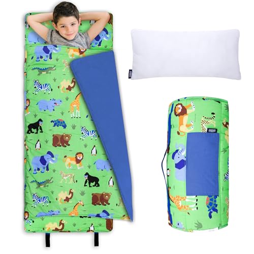 Wildkin Kids Original Nap Mat – Cozy Kids Sleep Mat with Pillow, Ideal for School & Travel - Wild Animals