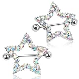 CrazyPiercing 1Pair Rhinestone Paved Star Nipple Piercing Rings Barbells 14Gauge (AB Colorful)