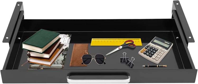 21.5inch Sliding Pull-Out Drawer, Under Desk Mounted Sliding Pull-Out Drawer, Under Desk Drawer Slide Out w/Dividers, Storage Organizer for Office Desk Black