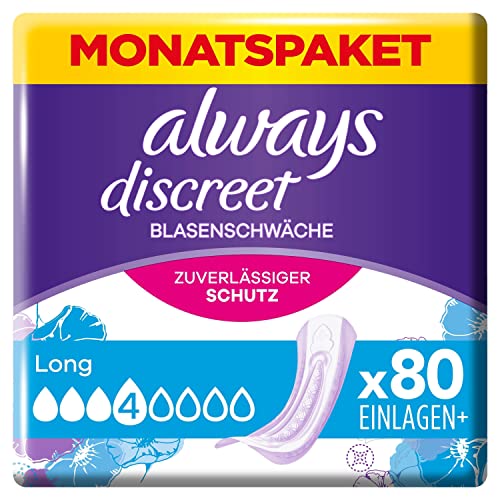 Always Discreet Inkontinenzeinlagen Long, 80 Binden (4 x 20 Stück) Monatspaket, diskreter Schutz & hohe Saugstärke, Geruchskontrolle (Verpackung kann variieren)