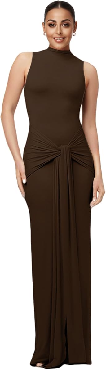 RARITYUS Womens Sexy Sleeveless Tie Waist Maxi Dress Elegant Mock Neck Ruched Bodycon Long Dress Sleeveless Party Dress