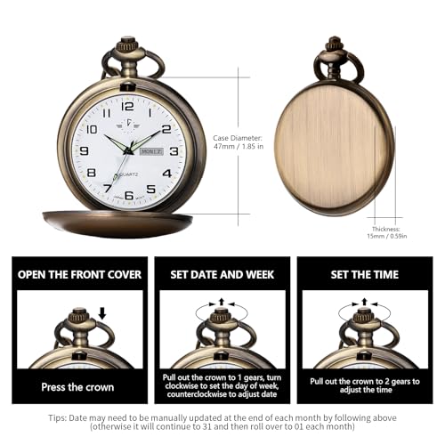 Image of BOSHIYA Smooth Quartz Pocket Watches for Men Classic Arabic Digital Luminous Dial & Day Date Pocket Watch with Chain Christmas Graduation Birthday Gifts