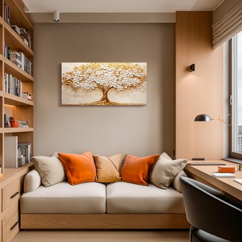 crmotu Tree of Life Large Wall Art, Blooming Flower Tree Art Prints, White Gold Abstract Landscape Paintings, Modern Trendy Home Wall Decor Living Room Bedroom Above Bed Canvas Pictures 20x40 Inch
