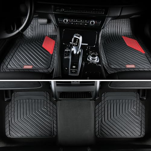 Image of Coverado Heavy-Duty PVC Car Floor Mats Full Set - Red Metallic Heel Pad, All-Weather Protection for Front & Rear, Non-Slip Backing, Easy-to-Clean Liners, 4 Pcs