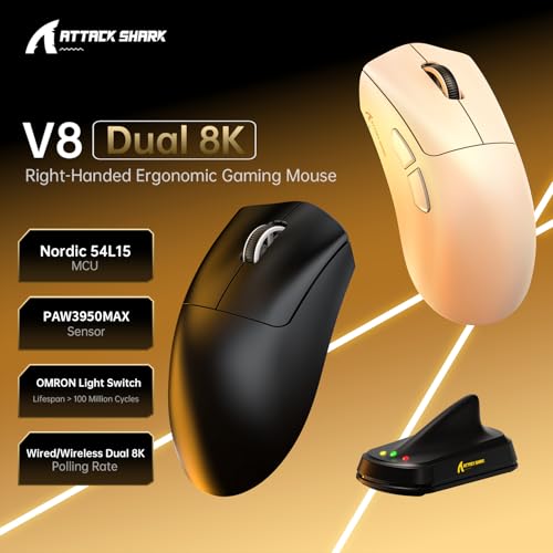 Image of ATTACK SHARK V8 8000Hz Wireless Gaming Mouse, 59g Lightweight, Black | BT /2.4G Wireless /Wired Mouse, PixArt PAW3950MAX Gaming Sensor,42000 DPI,20000 FPS,Coiled Cable,Office Mice for PC /Win /Mac