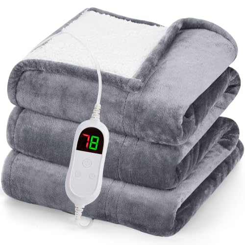 greenoak Heated Blanket Electric Throw 50'X60', Heating Blanket with 10 Heat Levels 1/2/4/6/8 Hours Auto-Off,Fleece Soft Sherpa Blanket,Gifts for Grandma Mom Seniors, Misty Grey