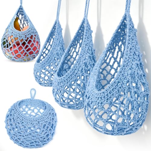 Image of Honeydak 3 Hanging Baskets, Light Blue, Crochet, Cotton Rope