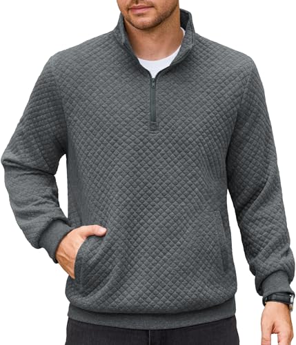 Vssjavun Mens Quarter Zip Pullover Quilted Sweatshirt Long Sleeve Casual Stand Collar Pullovers with Pockets